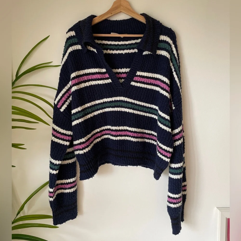 Free People Navy V-Neck Striped Sweater with Pink, Green & White Accents
